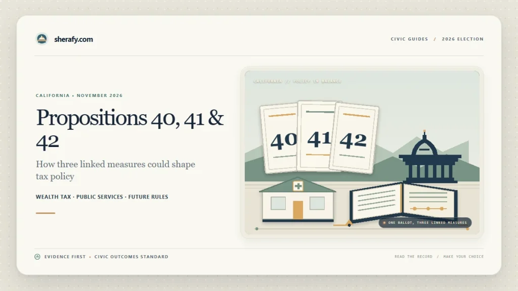 Article header graphic for California Propositions 40, 41 and 42, with ballot cards, a government building, and civic policy icons.