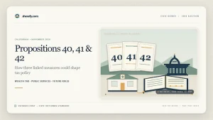 Article header graphic for California Propositions 40, 41 and 42, with ballot cards, a government building, and civic policy icons.
