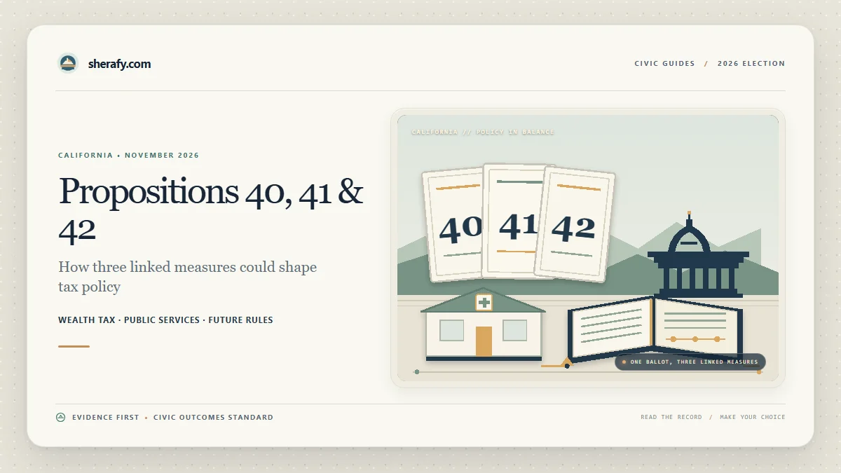 Article header graphic for California Propositions 40, 41 and 42, with ballot cards, a government building, and civic policy icons.