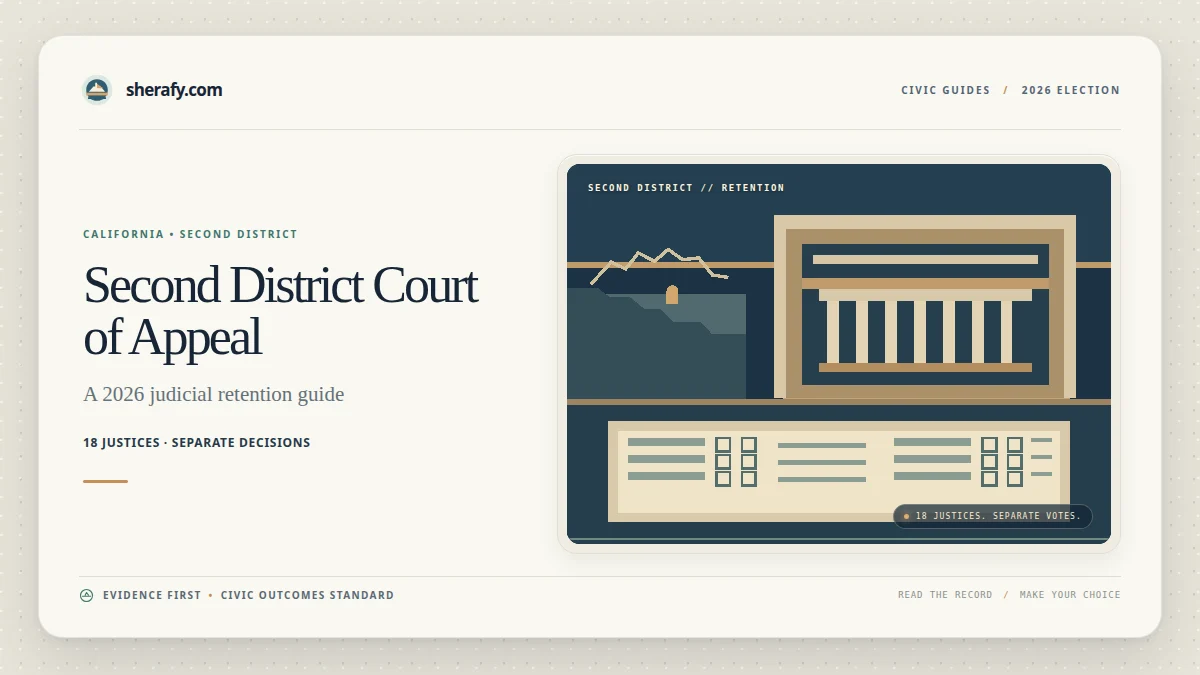 Graphic for the California Second District Court of Appeal 2026 judicial retention guide, with a stylized courthouse illustration and election guide text.