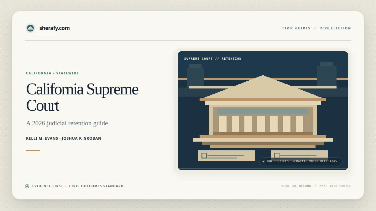 Cover graphic for a 2026 California Supreme Court judicial retention guide featuring Kelli M. Evans and Joshua P. Groban, with a stylized courthouse illustration.