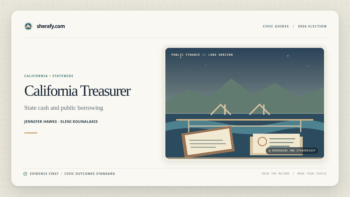 Graphic for the 2026 California treasurer race featuring Jennifer Hawks and Eleni Kounalakis, with a public finance illustration and statewide election branding.