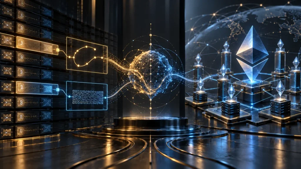Futuristic illustration of AI data streams interacting with Bitcoin and Ethereum blockchain symbols and secure digital nodes.