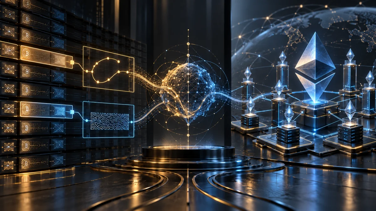 Futuristic illustration of AI data streams interacting with Bitcoin and Ethereum blockchain symbols and secure digital nodes.