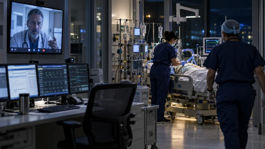 Nurses tend to a patient in an ICU while a doctor appears on a video screen and monitors display vital signs.