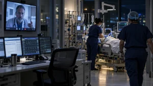 Nurses tend to a patient in an ICU while a doctor appears on a video screen and monitors display vital signs.