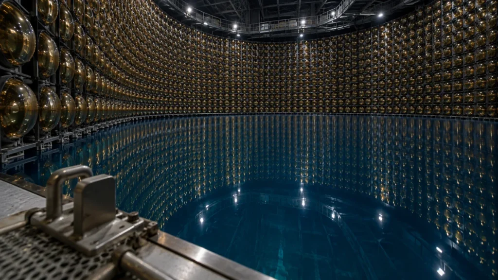 A large industrial tank lined with rows of reflective metal panels surrounding blue ultrapure water.