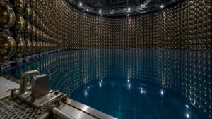 A large industrial tank lined with rows of reflective metal panels surrounding blue ultrapure water.