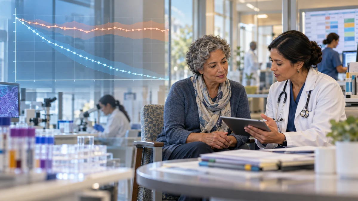A doctor discusses test results with an older patient in a clinic, with declining trend lines overlaid on the image.
