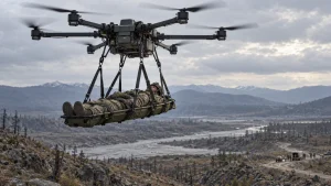 A military drone carrying a wounded soldier on a stretcher during a mountain evacuation exercise.