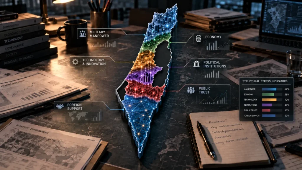 A stylized map of Israel over a desk with analysis graphics highlighting military manpower, economy, technology, political institutions, public trust, and foreign support.