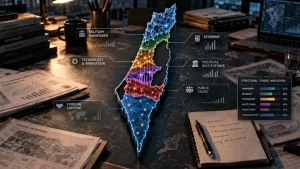 A stylized map of Israel over a desk with analysis graphics highlighting military manpower, economy, technology, political institutions, public trust, and foreign support.