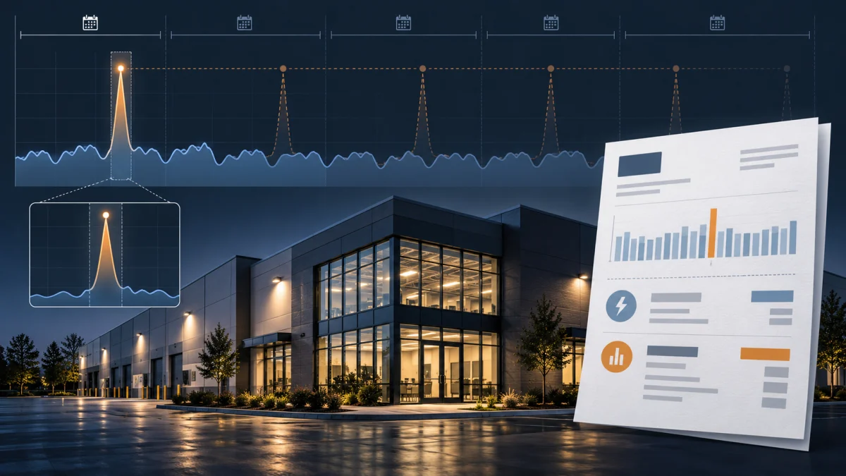 Industrial building at night with overlaid demand graphs, peak spikes, and a utility bill illustration showing electricity usage analytics.
