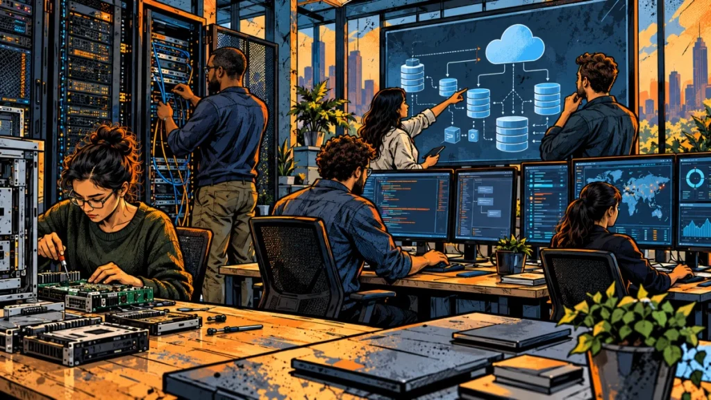 Team of IT professionals working with servers, hardware components, code on monitors, and a cloud architecture diagram in a modern office.