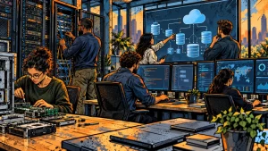 Team of IT professionals working with servers, hardware components, code on monitors, and a cloud architecture diagram in a modern office.