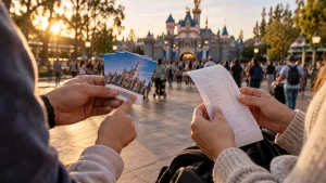 Hands holding Disneyland tickets and a receipt in front of the castle at sunset.