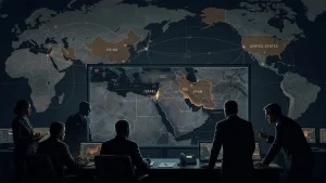 Officials in a dark command room study a world map highlighting Israel, Iran, China, and the United States.