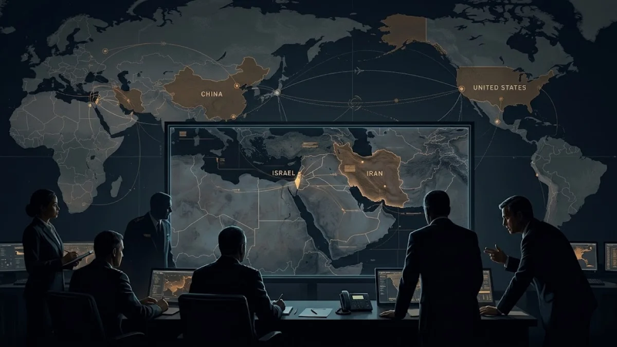 Officials in a dark command room study a world map highlighting Israel, Iran, China, and the United States.