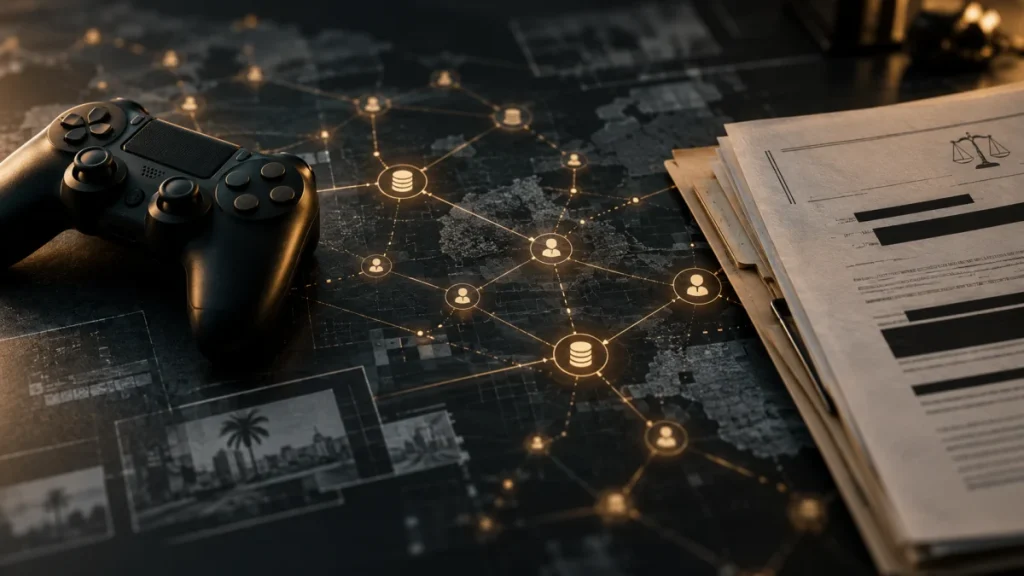 A video game controller beside a network map and a stack of redacted documents, suggesting a GTA 6 leak and investigation.