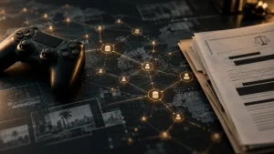 A video game controller beside a network map and a stack of redacted documents, suggesting a GTA 6 leak and investigation.
