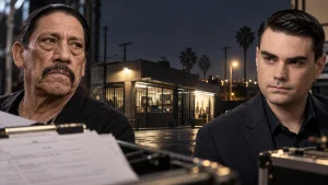 Danny Trejo and Ben Shapiro stand in front of a pawn shop at night, with papers and equipment in the foreground.