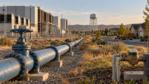Large data center buildings beside a long water pipeline in a dry suburban landscape with a water tower in the background.