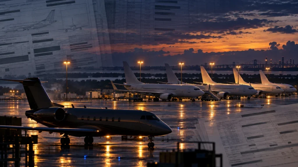 Private jets parked on a wet airport tarmac at dusk, overlaid with contract documents and aircraft schematics.