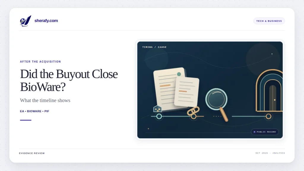 Featured article graphic with the headline "Did the Buyout Close BioWare?" alongside document, magnifying glass, and timeline-style illustrations.