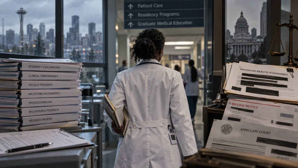 A Black medical resident in a white coat stands in a hospital hallway between stacks of evaluation files and health and billing documents.