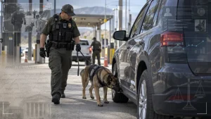 A police officer with a drug-detection dog inspects a vehicle during a roadside stop, with legal and data interface graphics overlaid.