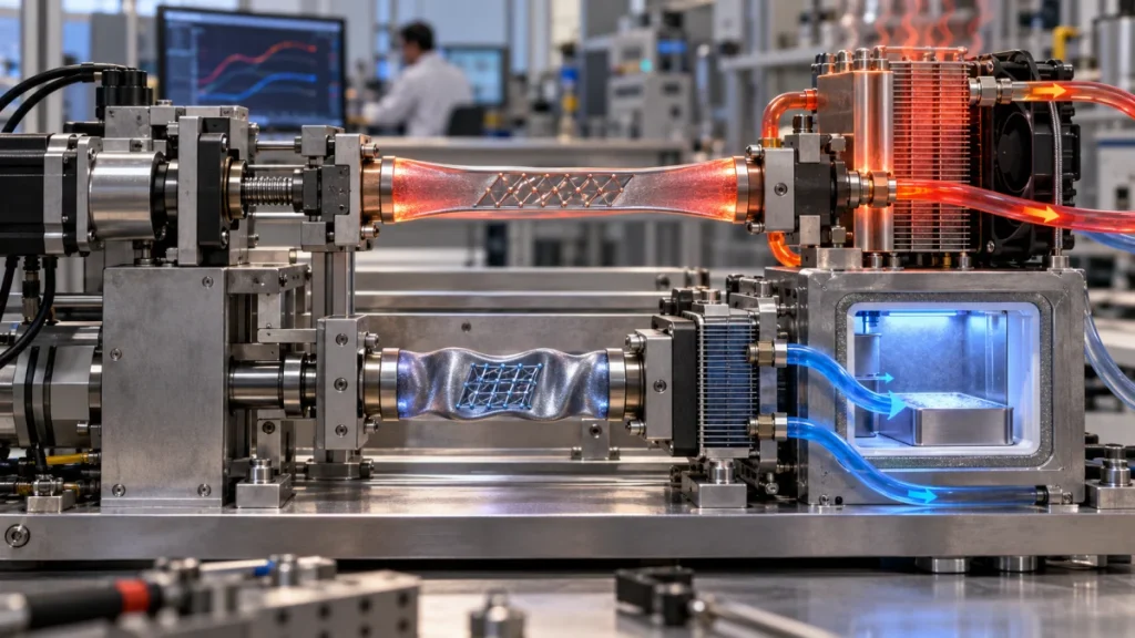 Laboratory cooling system with stretched metal elements, heat exchangers, and glowing red and blue fluid loops demonstrating elastocaloric cooling.