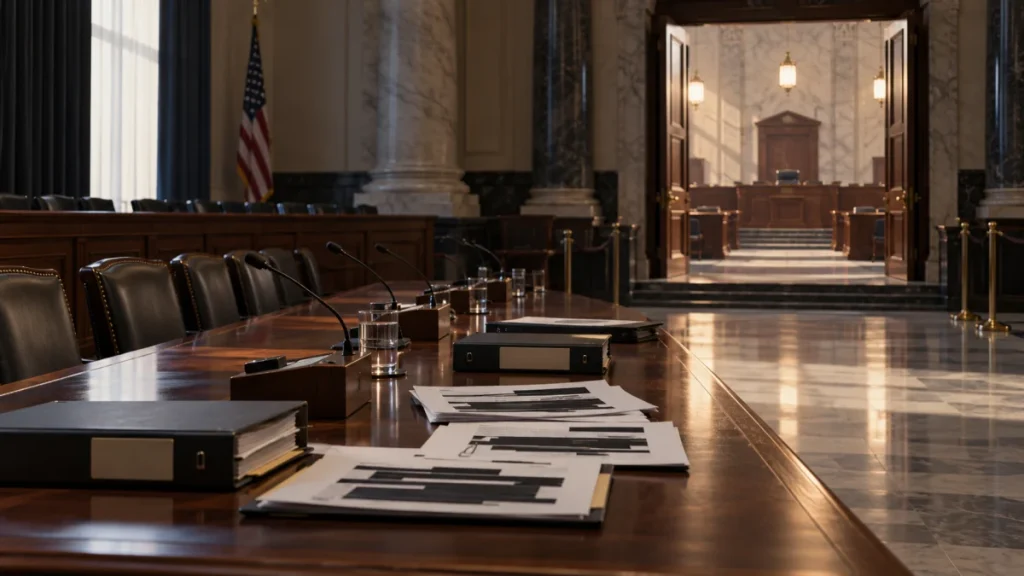 Empty congressional hearing room with a long table, microphones, binders, and documents prepared for testimony.