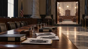 Empty congressional hearing room with a long table, microphones, binders, and documents prepared for testimony.
