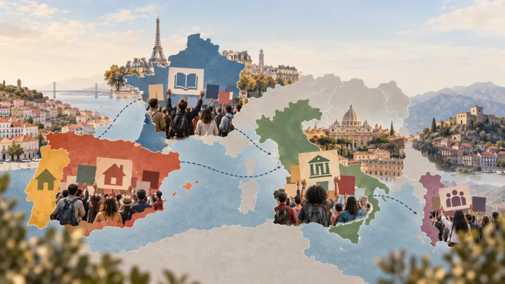 Illustrated map of Europe with groups of protesters holding signs overlaid on different countries and city landmarks.