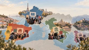 Illustrated map of Europe with groups of protesters holding signs overlaid on different countries and city landmarks.