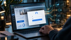 A laptop displays a fake login window over a dashboard interface, suggesting a phishing scam stealing work credentials.