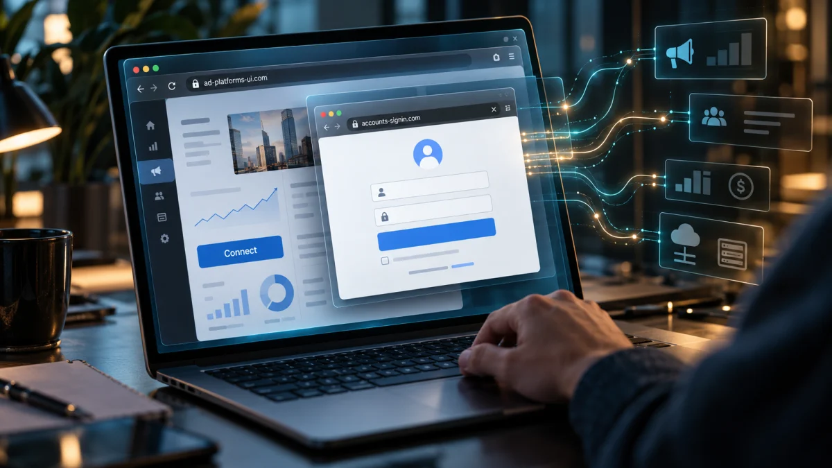 A laptop displays a fake login window over a dashboard interface, suggesting a phishing scam stealing work credentials.