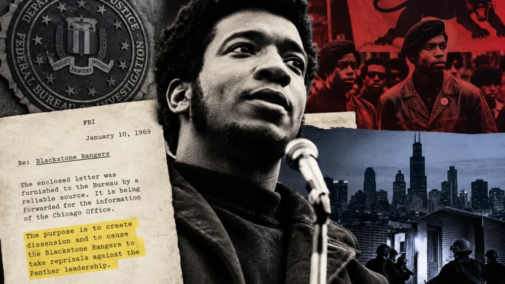 Collage featuring Fred Hampton, FBI imagery, a declassified letter, and Chicago scenes tied to the Black Panther Party.