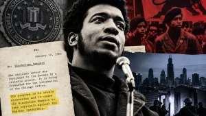 Collage featuring Fred Hampton, FBI imagery, a declassified letter, and Chicago scenes tied to the Black Panther Party.