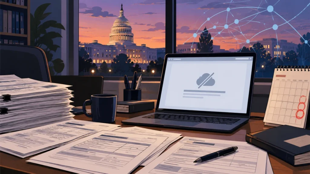 An office desk with campaign paperwork, a laptop showing a cloud error icon, and the U.S. Capitol at sunset in the background.