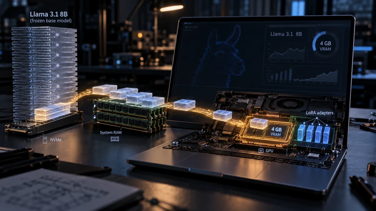 Diagram of a laptop using 4 GB VRAM, system RAM, and NVMe storage to fine-tune Llama 3.1 8B with LoRA adapters and layer streaming.