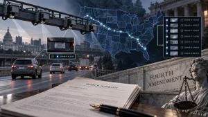 Composite image of roadside license plate cameras, a U.S. map with tracking points, a search warrant document, and a Fourth Amendment statue.