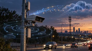 A roadside surveillance camera mounted on a pole at dusk, with digital tracking arcs and cars overlaid against a city skyline.