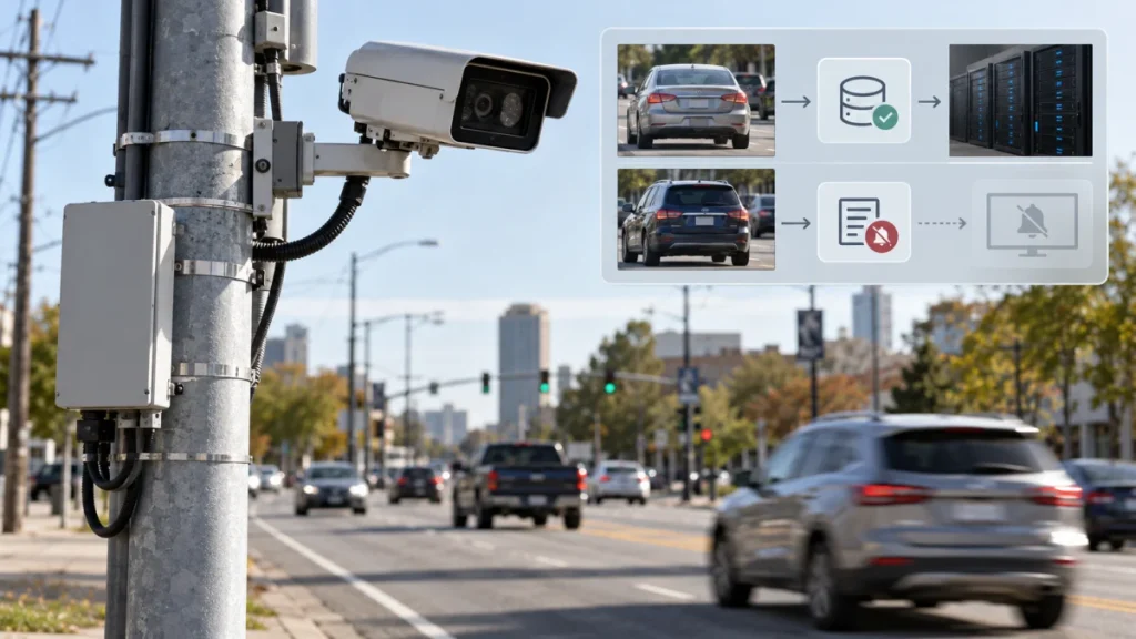 Traffic camera mounted on a pole overlooking a busy city street, with an inset graphic showing vehicles being allowed or suppressed in a camera database.