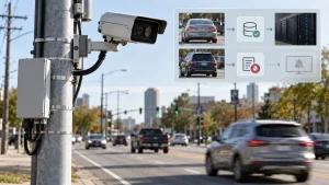 Traffic camera mounted on a pole overlooking a busy city street, with an inset graphic showing vehicles being allowed or suppressed in a camera database.