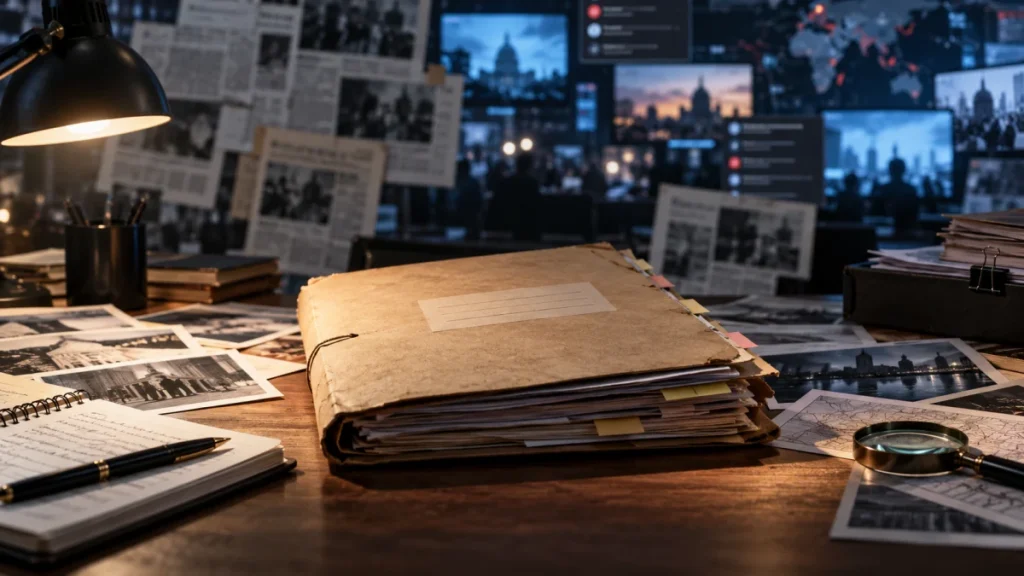 An investigation file remains in focus amid an overwhelming collage of news screens and overlapping headlines, illustrating political information overload and the importance of sustained accountability.