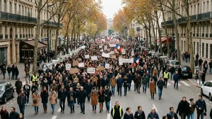 Large crowd marching down a Paris street with protest signs and French flags lined by autumn trees and buildings.