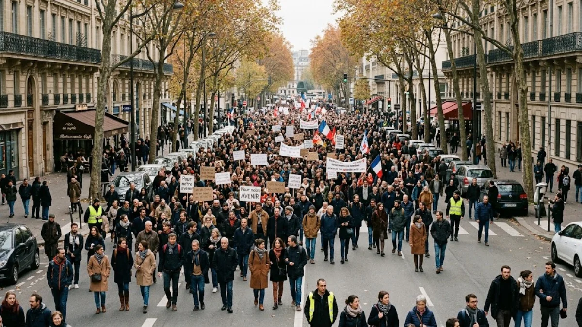 Large crowd marching down a Paris street with protest signs and French flags lined by autumn trees and buildings.