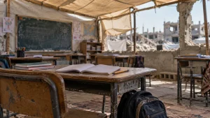 A damaged makeshift classroom with desks, books, a chalkboard, and rubble visible outside the open walls.