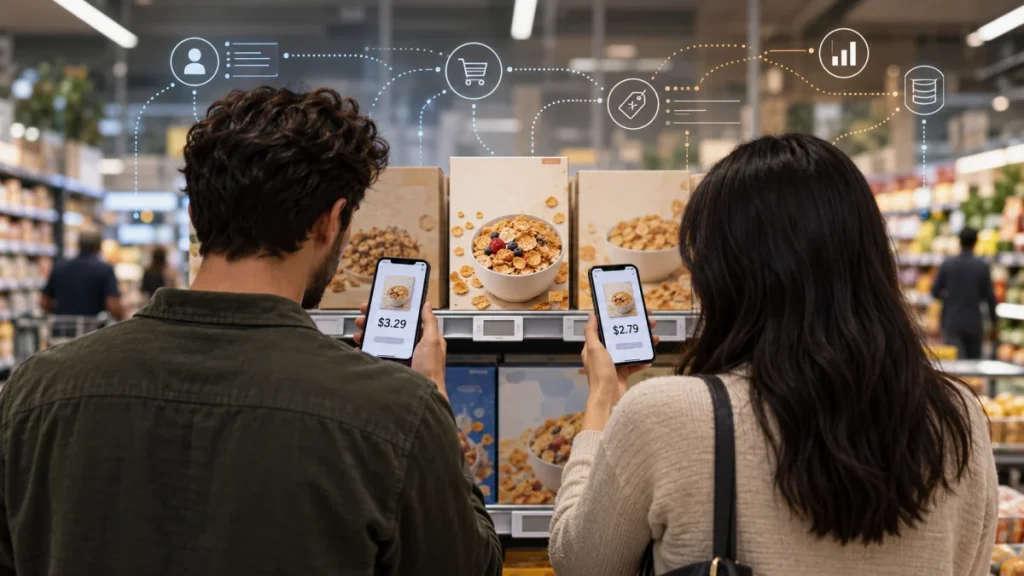 Two shoppers compare different prices for the same cereal product on their smartphones in a grocery store aisle.
